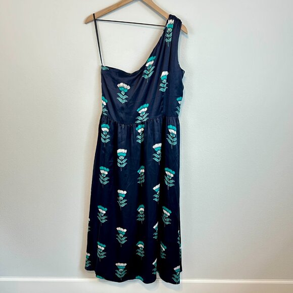 Ann Taylor Silk Navy Floral One Shoulder Dress - Picture 7 of 8